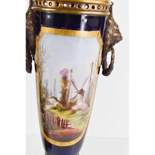 147 - A pair of 19th century Vienna vases and covers, painted with panels of figures in landscapes, on cob... 