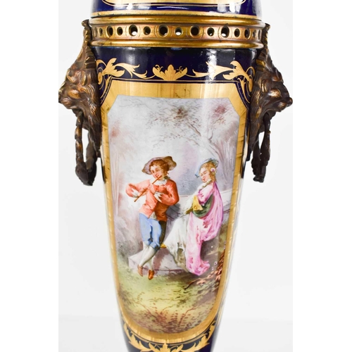 147 - A pair of 19th century Vienna vases and covers, painted with panels of figures in landscapes, on cob... 