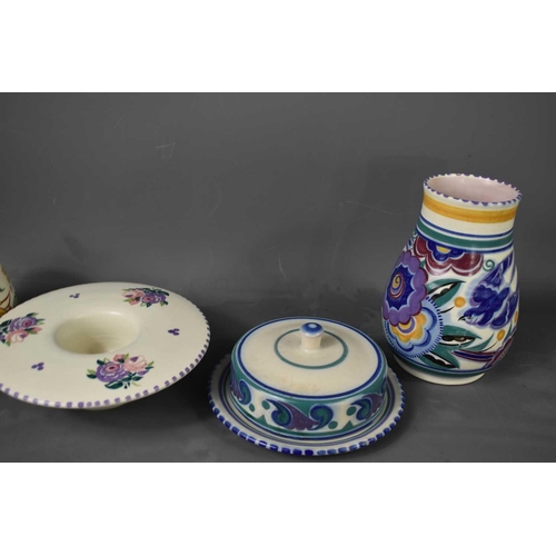 222 - A selection of Art Deco period Poole Pottery ceramic vases and butter dish, circa 1930, to include a... 