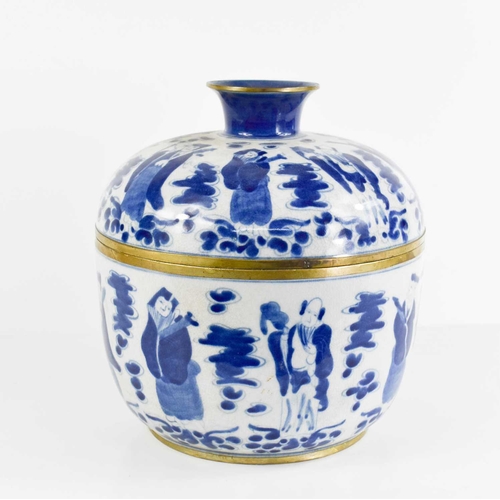 228 - A 19th century Chinese bowl and cover, painted all round with figures in blue and white with Chinese... 