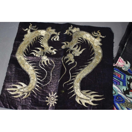 280 - A Chinese embroidered panel, depicting two four claw dragons under the flaming pearl circa 1910, 33 ... 