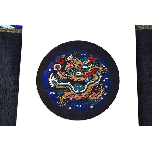 293 - A Chinese late Qing dynasty Kossu embroidered panel, circa 1910, depicting a dragon with four rounde... 