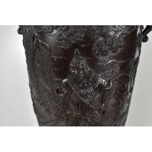 294 - A pair of 19th century Japanese bronze vases, cast in detail to depict Japanese Warriors in traditio... 