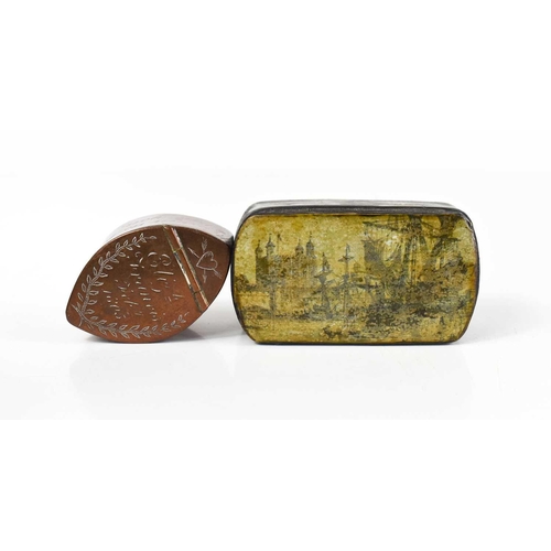 335 - A 19th century snuff box depicting the Tower of London with sailing ships to the fore on the Thames,... 