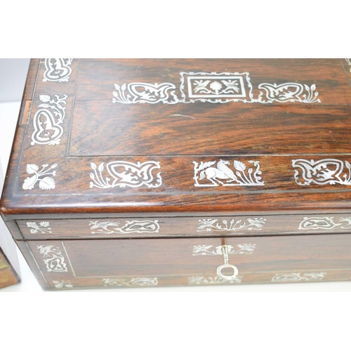 348 - A Victorian rosewood workbox with inlaid mother of pearl decoration, together with a rosewood sewing... 