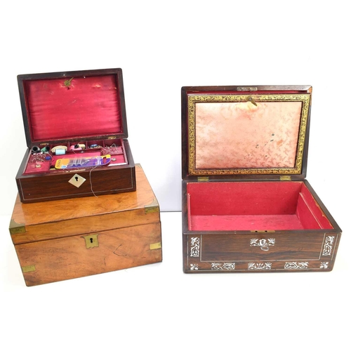 348 - A Victorian rosewood workbox with inlaid mother of pearl decoration, together with a rosewood sewing... 