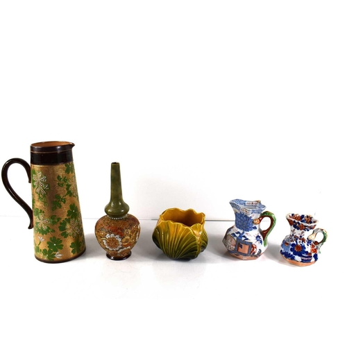 36 - A Doulton Lambeth Slater jug and bud vase A/F, a William Ault vase designed by Christopher Dresser A... 