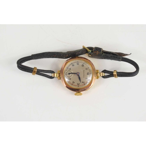 379 - A vintage Bravington's Renown 9ct gold cased ladies wristwatch, leather strap, in original Bravingto... 