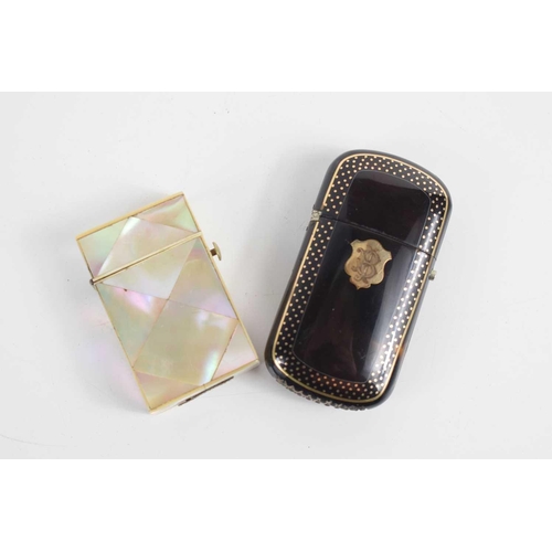 392 - A Victorian tortoishell vesta case of lozenge form with gold pique work, cartouche and banding, 6.7 ... 