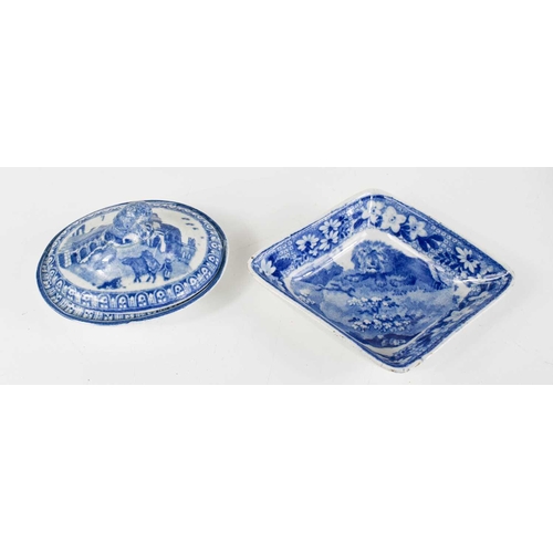 40 - A 19th century blue and white lozenge form dish depicting a lion, together with a miniature tureen d... 