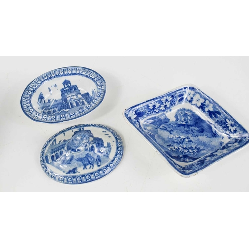 40 - A 19th century blue and white lozenge form dish depicting a lion, together with a miniature tureen d... 