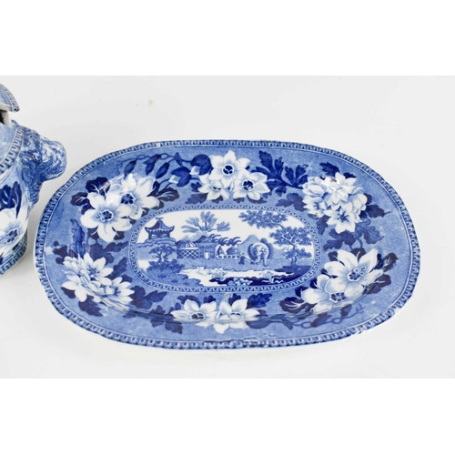 43 - A 19th century Rogers blue and white tureen with lion head finial to the cover and similar handles t... 