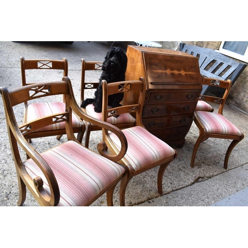 504 - A set of six mahogany 19th century style dining chairs together with a yew wood reproduction bureau,... 