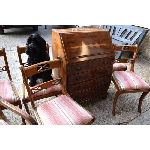 504 - A set of six mahogany 19th century style dining chairs together with a yew wood reproduction bureau,... 