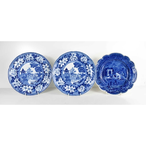 57 - Three Rogers & Co blue and white 19th century plates, the pair depicting elephants, the other depict... 