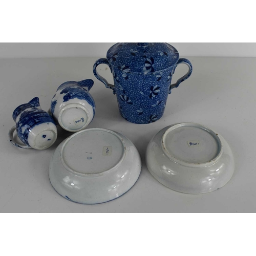 62 - A selection of blue and white late 18th / early 19th century pottery, including pearlware dish depic... 