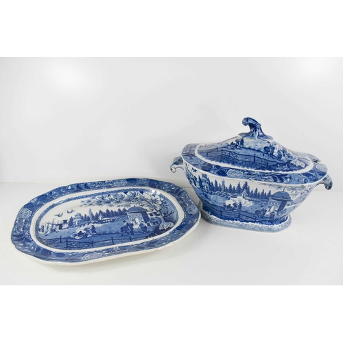 76 - A large 19th century blue and white lidded tureen, in the Marco Polo pattern, and original matching ... 