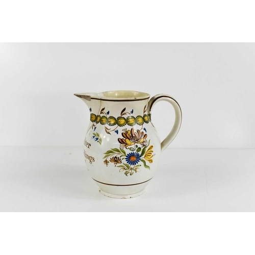 80 - A Leeds creamware jug, to Walter Meddings, Orslow, painted with floral decoration in green, yellow a... 