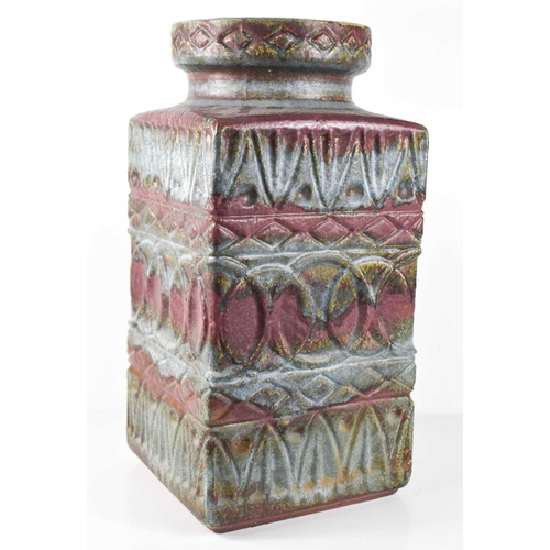 89 - A large Bay West German vase, with blue, magenta and green glaze on a square form body, 46cm high.