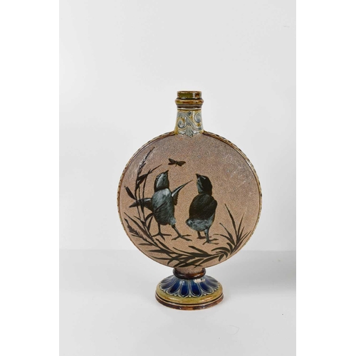 9 - A Doulton Lambeth by Florence Barlow stoneware moon flask, with enamelled chicks and dragonflies to ... 