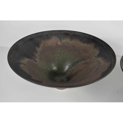 98 - Bridget Drakeford (20th century): two oxidised glaze footed bowls, both signed to the bases, the lar... 