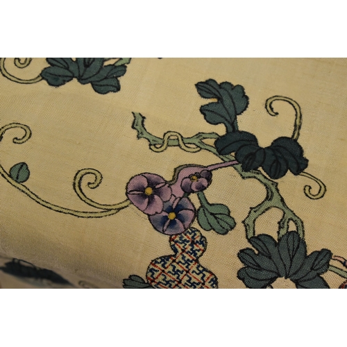 292 - A pair of late 19th century silk painted panels, depicting patterned Gourds within scrolling foliage... 