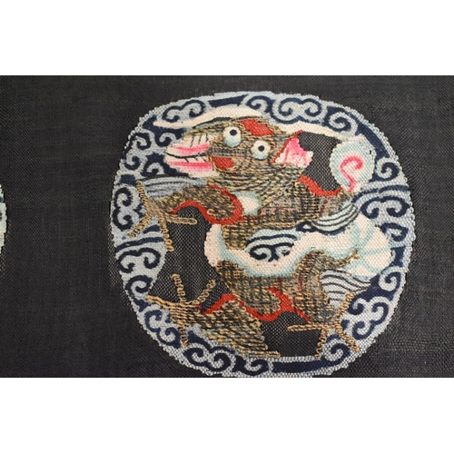 280 - A Chinese embroidered panel, depicting two four claw dragons under the flaming pearl circa 1910, 33 ... 