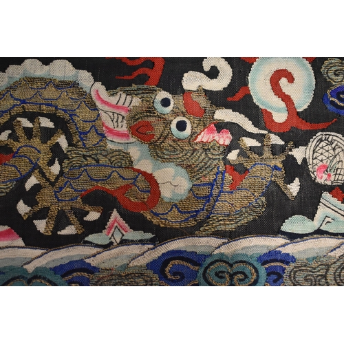 280 - A Chinese embroidered panel, depicting two four claw dragons under the flaming pearl circa 1910, 33 ... 