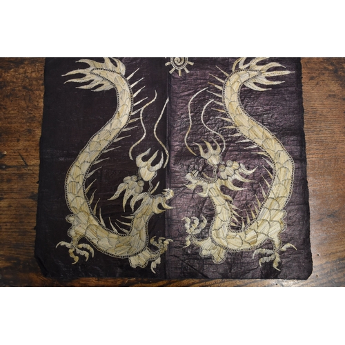 280 - A Chinese embroidered panel, depicting two four claw dragons under the flaming pearl circa 1910, 33 ... 