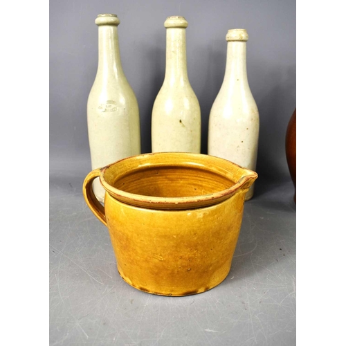 117 - A quantity of antique stoneware items to include three grey bottles, one stamped 