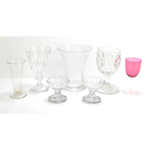 121 - A collection of fine 19th century and later glasswares, comprising a pair of cut glass salts on pede... 