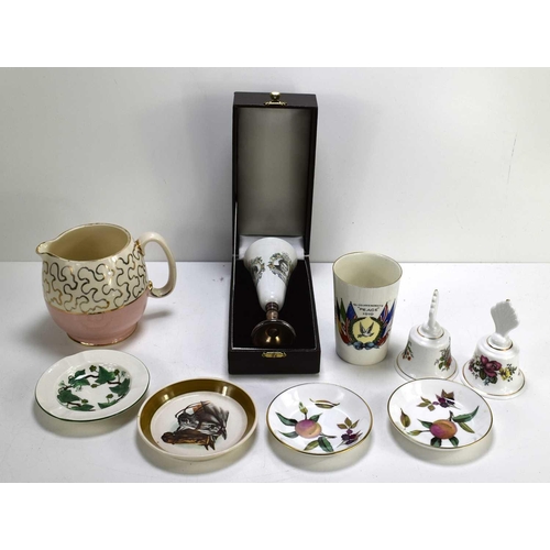 124 - A Sadler Jug, Wedgwood ashtray, two Worcester pin dishes, a pair of Lysander bells, a 1919 Peace mug... 