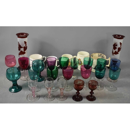 130 - A selection of 19th century and later glassware, including three spiral twist glasses, a pair of red... 