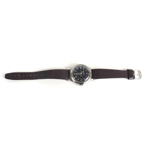 17 - A 1950s Omega Pilots wristwatch, in stainless steel case with black dial, Arabic numeral hours and l... 