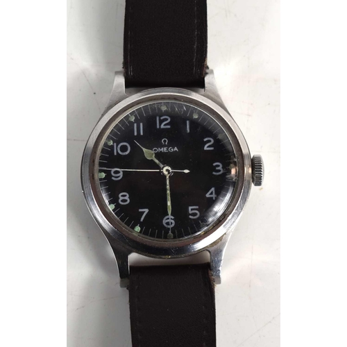 17 - A 1950s Omega Pilots wristwatch, in stainless steel case with black dial, Arabic numeral hours and l... 