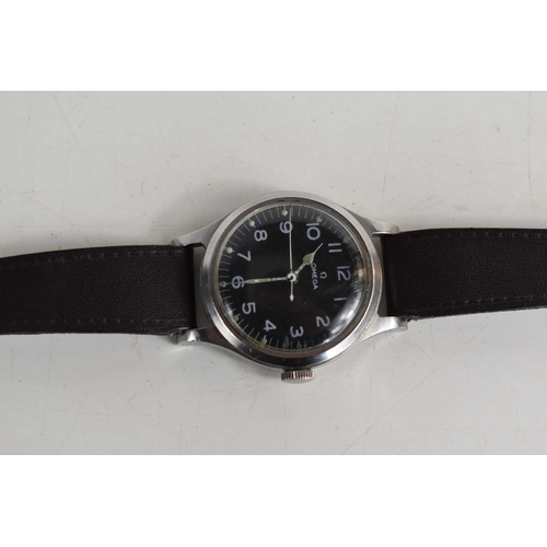 17 - A 1950s Omega Pilots wristwatch, in stainless steel case with black dial, Arabic numeral hours and l... 