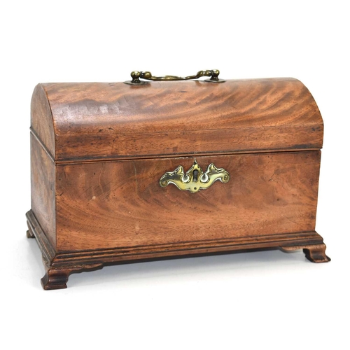 27 - A 19th century mahogany small chest of sarcophagus form, the domed lid with swan neck handle, raised... 