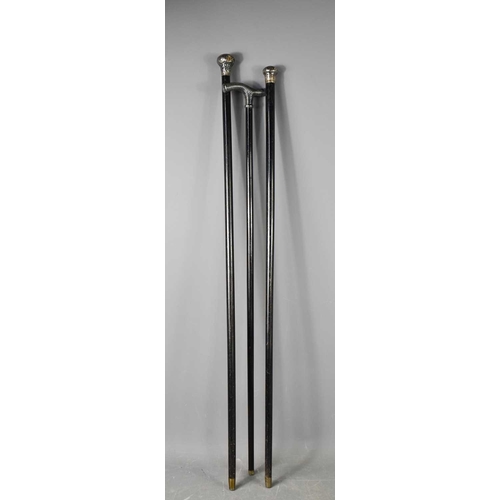 226 - Three antique ebonised walking canes, two with silver pommel caps, and the other with a silver clad ... 