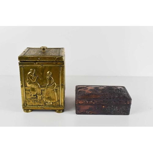 240 - A 19th century brass clad tea canister, likely dutch, each panel embossed with decoration, one of tw... 