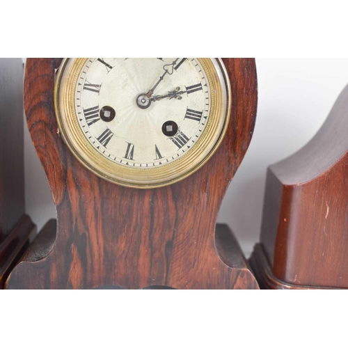 246 - A Rotherham mahgoany mantle clock bearing presentation plaque to D Reeve, together a rosewood mantle... 