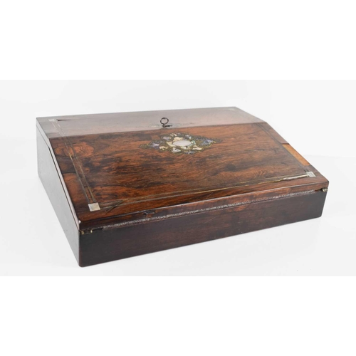 248 - A 19th century rosewood and mother of pearl inlaid work box, the sloped lid opens out to reveal a ve... 