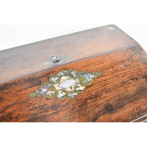 248 - A 19th century rosewood and mother of pearl inlaid work box, the sloped lid opens out to reveal a ve... 