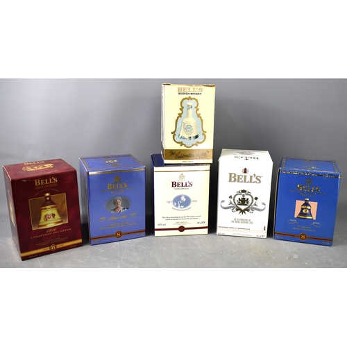 258 - Six Bells commemorative whiskey decanters, comprising 1996 Christmas aged 8 years, Queen Mother 100t... 