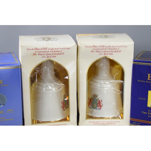 259 - Six Bells commemorative whiskey decanters to include two rare Prince Charles 50th Birthday, The 60th... 