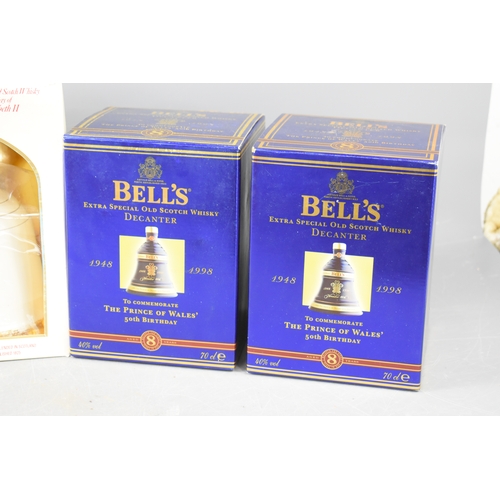 259 - Six Bells commemorative whiskey decanters to include two rare Prince Charles 50th Birthday, The 60th... 