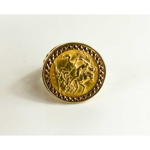 145 - A George V gold sovereign, dated 1931 with South Africa mint mark set in a 9ct gold ring mount, size... 