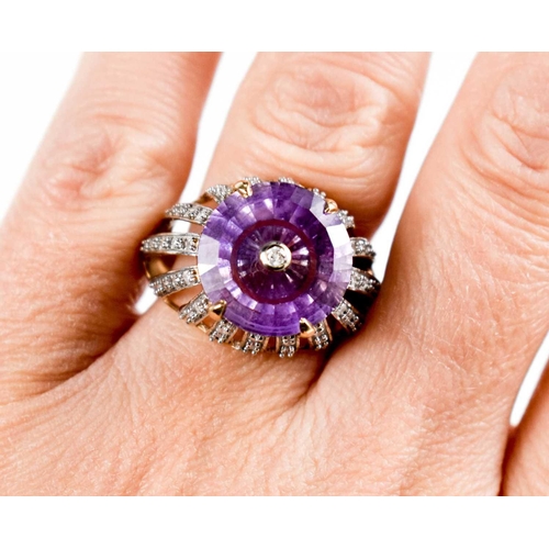 160 - A Lehrer 9ct gold and Torus ring amethyst and diamond ring, size O, 5.4g.