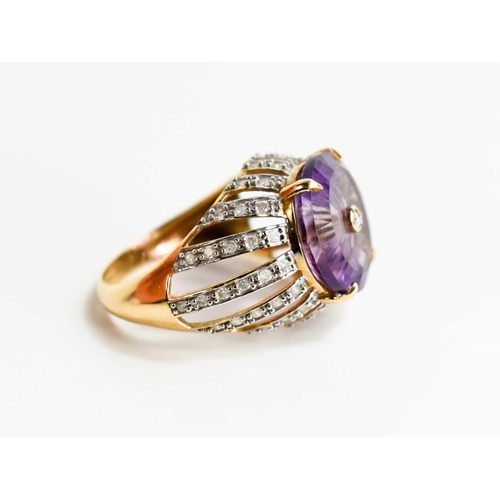 160 - A Lehrer 9ct gold and Torus ring amethyst and diamond ring, size O, 5.4g.