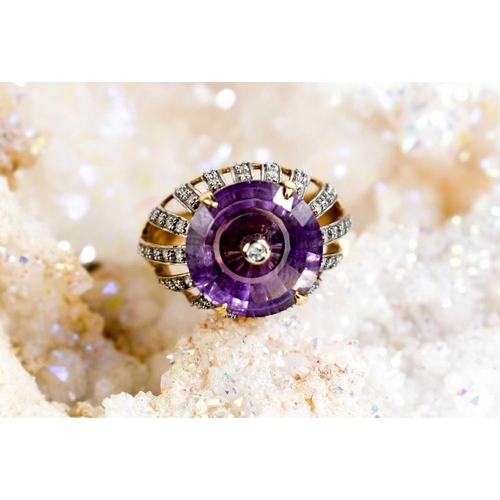 160 - A Lehrer 9ct gold and Torus ring amethyst and diamond ring, size O, 5.4g.