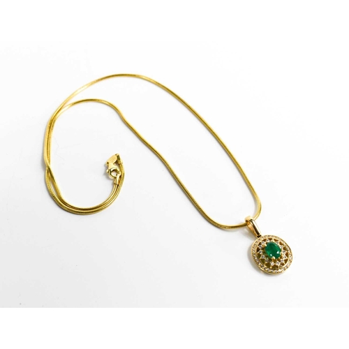 161 - An Italian 14ct gold necklace with gold, diamond and emerald set oval pendant, 12g.